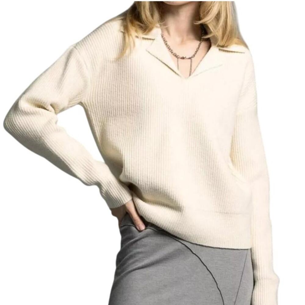WEEKEND LOS ANGELES Women's Notched Collar Sweater Size S In Cream